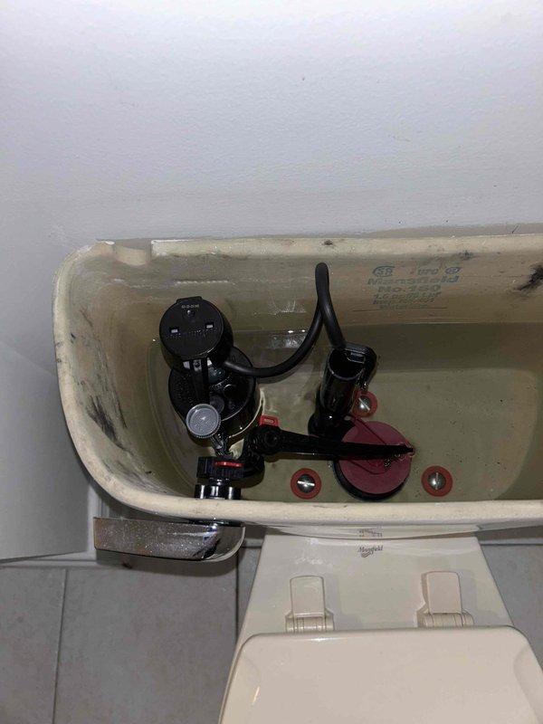 Conducted routine plumbing inspection of toilet fixture as requested through PSA. Examined interior tank components showing normal mineral buildup and wear, and verified integrity of the stainless steel braided water supply line and wall connection. No immediate issues requiring repair were identified.