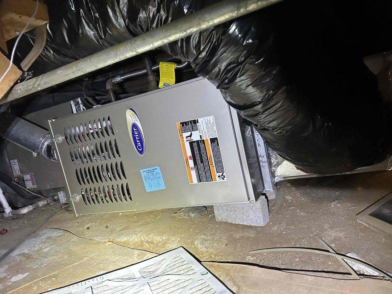 Performed scheduled Care Plan Tune Up on Carrier system. Inspected and tested the furnace unit located in attic, confirmed proper installation of insulated ductwork and ventilation. Checked thermostat operation, verified display functionality and temperature reading accuracy. System functioning normally with no issues detected.