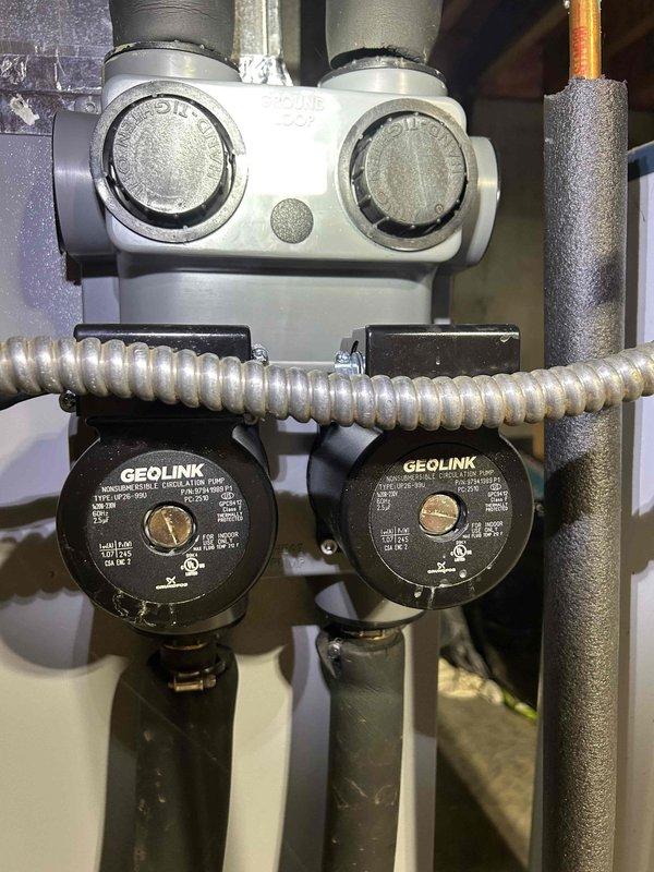 Performed routine care plan tune-up service on a geothermal system with washable filter. Inspected GeoLink circulation pumps and associated plumbing components for proper operation. Temperature testing confirmed system operating at 39.1°F, within normal parameters for geothermal equipment.