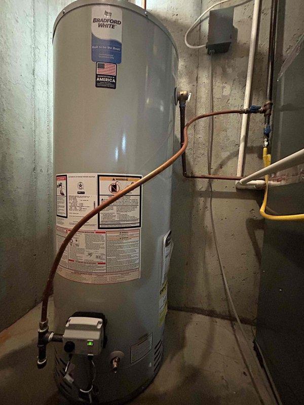 Completed installation of a Bradford White 50-gallon gas water heater with a 6-year tank/parts warranty and 1-year labor warranty. Removed and disposed of existing unit, reconnected to existing water piping with new fittings, and established proper electrical connections. Installation was performed to code standards with proper venting, and all necessary permits were obtained and inspections completed.