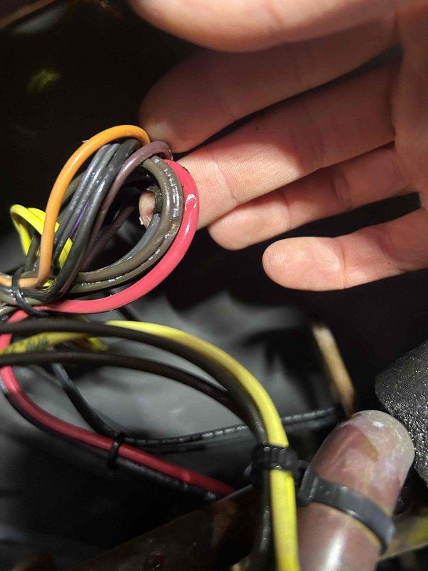 Responded to a no-heat call for a 4-year-old heat pump system with a blank thermostat. Diagnosed damaged control wiring between thermostat and indoor unit located in attic. Repaired frayed wiring connections and restored system power. Unit now functioning normally with proper thermostat operation.