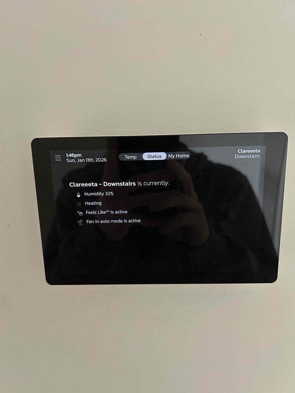 Responded to service call for no-heat condition on a 1-year-old Lennox gas HVAC system. Discovered system was operating in "Away" mode on the smart thermostat with a current temperature of 64°F despite being set to 73°F. Adjusted thermostat settings, verified proper operation with heat cycle activation, and confirmed system functionality with normal temperature rise.