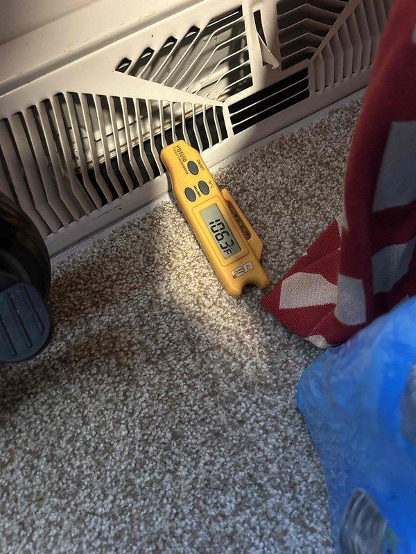 Performed diagnostic assessment on heat pump system that was continuously running without engaging auxiliary heat. Measurements showed insufficient supply air temperature of 256.8°F at room registers. Inspection of ductwork revealed inadequate insulation in several sections, contributing to heat loss. Repaired thermostat connections and recalibrated system settings to properly activate auxiliary heat mode based on outdoor temperature differentials. System now operating correctly with appropriate staging between heat pump and auxiliary heat functions.