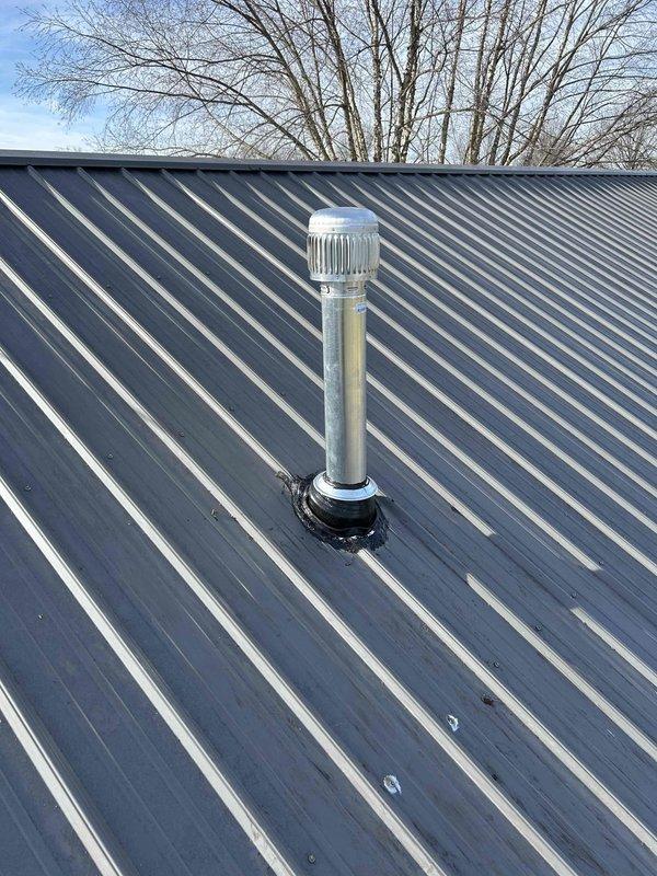 Performed warranty service to replace improper 3" furnace flue with correct 4" double wall piping, which eliminated condensation and leakage issues during furnace operation. Installation included new vent pipe, roof flashing, storm cap and collar with proper sealing. Verified complete system from furnace through roof penetration meets code requirements.