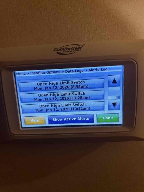 Responded to no-heat call for 6-year-old gas HVAC system with customer reporting no airflow through vents. Diagnostic review of ComfortNet control system revealed multiple "Open High Limit Switch" alerts, indicating safety shutdown due to excessive heat in heat exchanger. Reset system and verified proper operation after confirming adequate airflow was restored. Recommended quarterly filter changes to prevent future overheating issues.