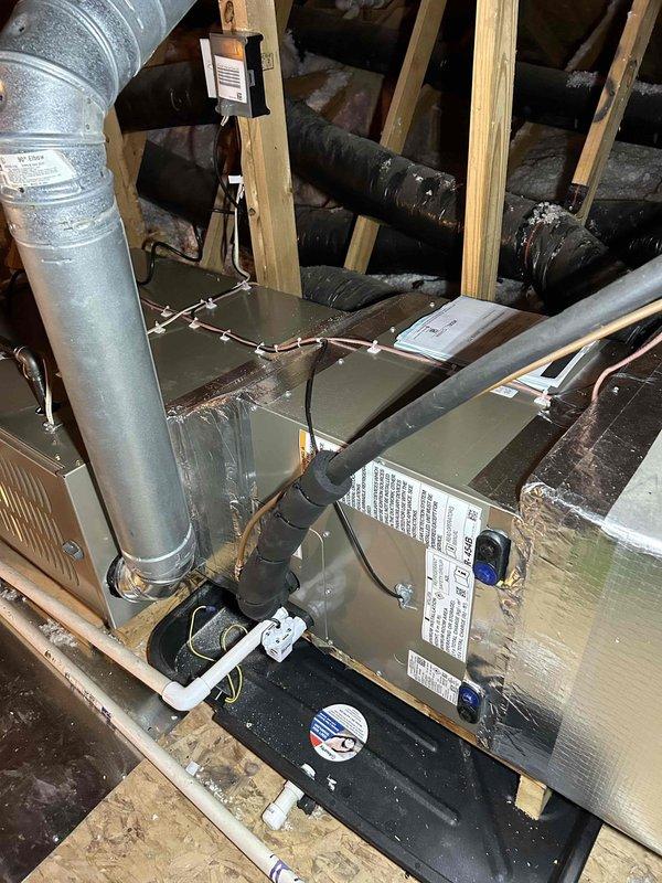 Successfully completed installation of a Carrier two-stage HVAC system on the second floor, including a 70K BTU 80% two-stage gas furnace (58TP0B070V14), 3-ton two-stage AC unit (26TPA836W003), and matching evaporator coil (CVAMA3617XMA). Enlarged return filter grille to 20x30, installed digital thermostat, and repaired kinked flex runs to optimize system performance.