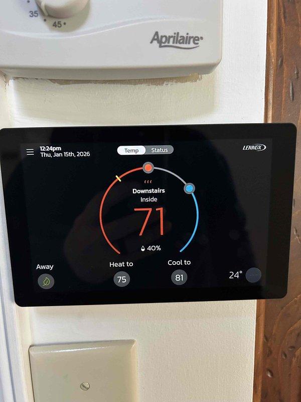Responded to callback for downstairs system (installed May 2025) not heating and displaying "GF Heat airflow below minimum" error. Diagnosed issue with dirty AprilAire 410 filter restricting proper airflow. Verified system operation after filter replacement with supply air temperature reading 112.2°F. System now maintaining proper temperature differential and heating to customer's desired setpoint of 75°F.