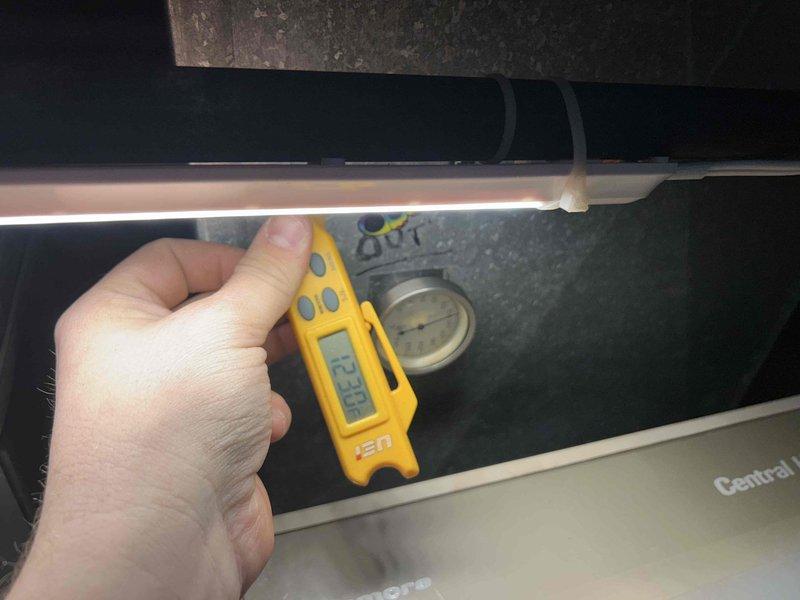 Performed annual care plan tune-up on basement AC/GF system. Inspected and confirmed proper installation of 12x12x1 air filter which was clean and in good condition. Verified system operation with temperature readings at 32.8° and checked pressure levels on system gauges.
