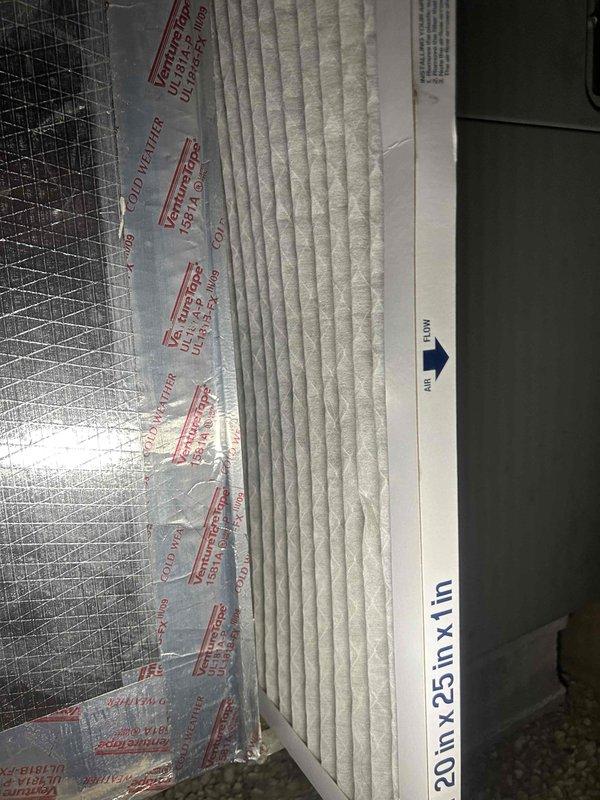 Performed scheduled Care Plan Tune Up on heat pump/air handler system located in crawlspace. Conducted electrical diagnostics with multimeter showing 199 reading during system check. Verified customer-supplied filter (20"x25"x1") was properly installed with correct airflow direction.