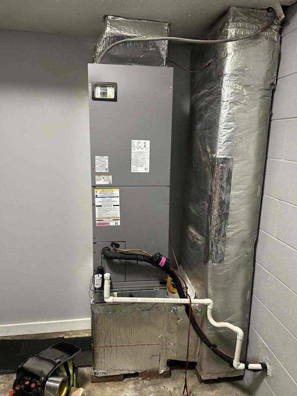 Performed routine tune-up on 5-year-old electric heat pump system, inspecting both the outdoor condenser unit and indoor air handler. Cleaned components, checked refrigerant levels, and identified the source of customer-reported "sighing sound" as minor air restriction in the return ducting. Recommended filter replacement (last changed Nov 2025) to address increased electricity consumption and eliminate noise issue.