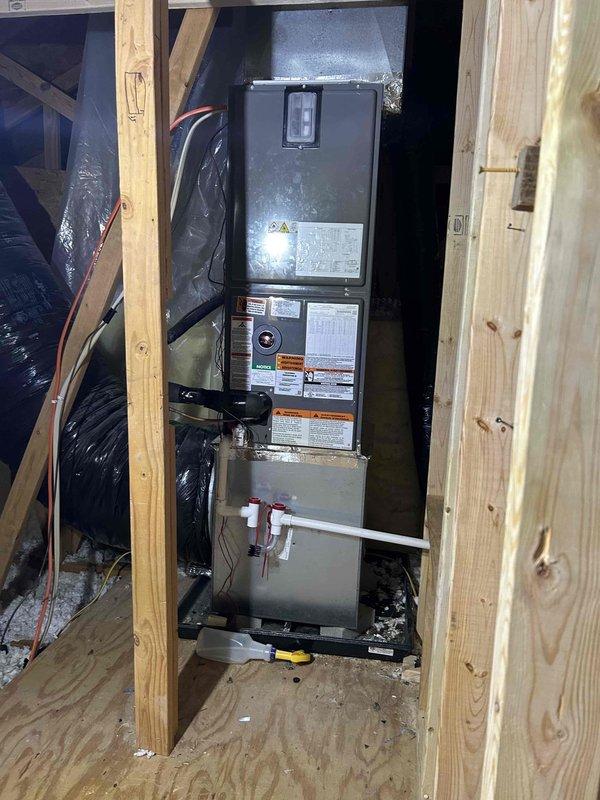 Completed installation of a RUUD 3-ton 14.3 SEER2 Two Stage Heat Pump system with matching air handler and 15 KW heat kit. System was installed using existing thermostat, electrical connections, and concrete pad, with client declining to increase the existing return. Installation included refrigerant line insulation, filter, and safety components including SS2 coil drain water sensor.