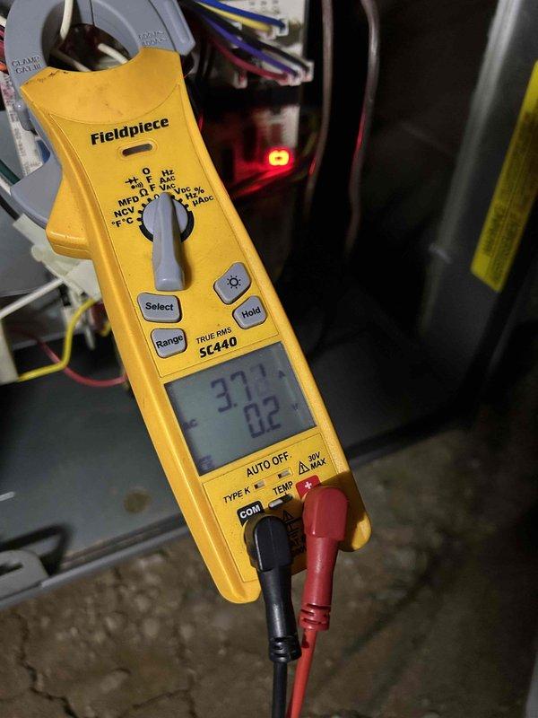 Performed scheduled Care Plan Tune Up on AC/GF unit located in tight crawl space. Conducted amperage testing with Fieldpiece SC440 clamp meter, confirming proper electrical readings (37.4/0.2). Inspected gas line installation and pressure regulator for correct operation. Replaced 16x25x1 filter as part of maintenance service.