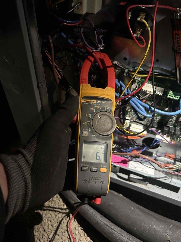 Performed scheduled Care Plan maintenance on geothermal HVAC system in crawlspace. Conducted comprehensive diagnostics including temperature readings with Klein Tools ET05 thermometer and electrical load testing with Fluke 376 FC clamp meter (6.1A reading). Replaced filter as per quarterly maintenance schedule and ensured crawlspace light was turned off and door secured upon completion.