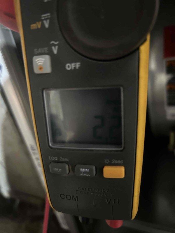 Performed scheduled Care Plan Tune Up on AC/GF system in basement. Conducted electrical diagnostics with multimeter showing proper voltage readings of 2.2V. Inspected and cleaned fan assembly, ensuring proper operation of the blower component. Customer will provide 20x25x1 filters as discussed.