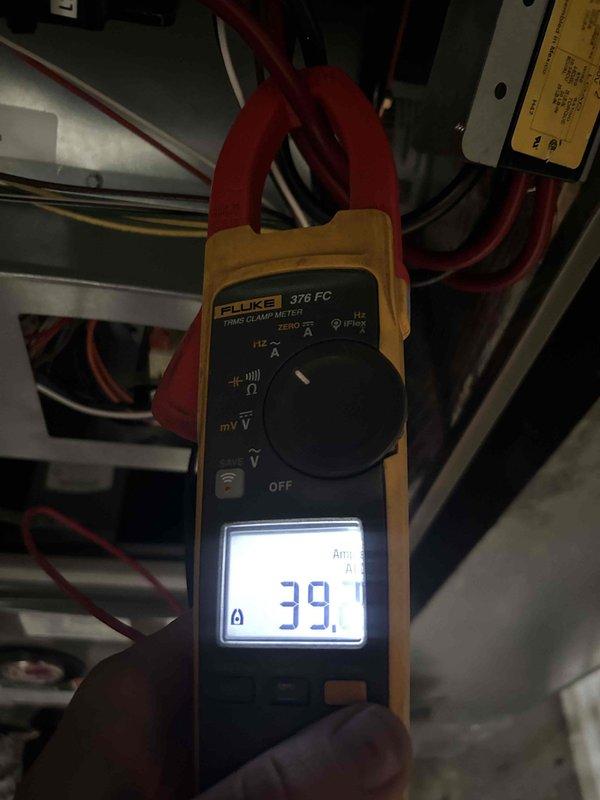 Performed scheduled Care Plan tune-up on customer's heat pump system. Measured supply air temperature at 47.7°F and verified proper amperage draw of 39.0A using Fluke clamp meter. System is operating within normal parameters with customer-supplied 20x20x1 filters in place.