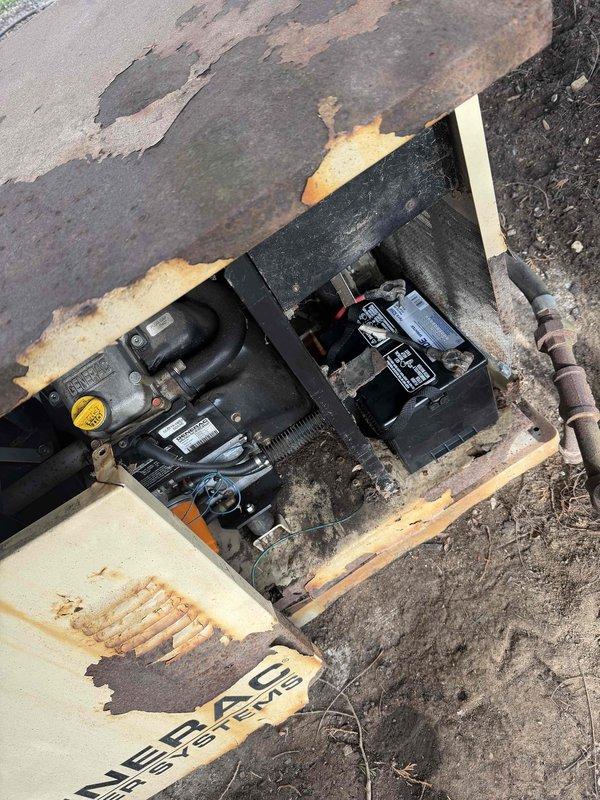 Responded to generator service call regarding premature battery failure. Upon inspection, found significant corrosion and water damage to generator housing and electrical connections. Replaced battery and sealed conduit penetrations to prevent water ingress that was causing accelerated battery deterioration. Tested generator functionality after repair with successful results.