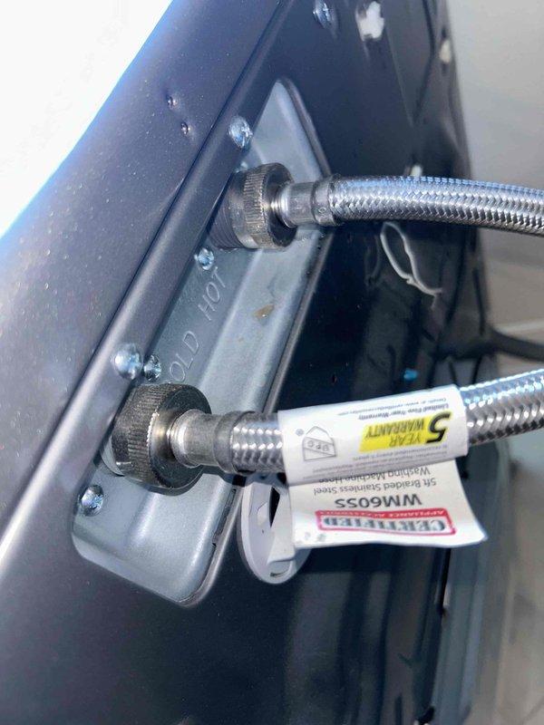 Responded to service call for burst pipe. Upon inspection, identified water supply line issue at washing machine hookups. Replaced damaged stainless steel braided supply hoses at the hot/cold water connection plate and verified proper installation of recessed utility boxes. Confirmed no leaks after repair and system functionality restored.