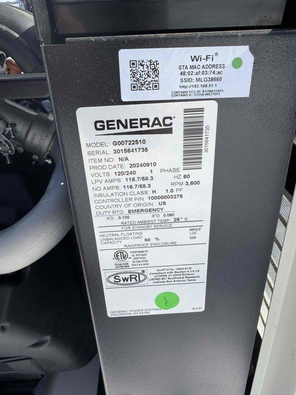 Performed maintenance inspection on Generac air-cooled generator (Model G00722510, SN 3015641735). Identified yellow warning light indicating battery check required. Verified system functionality through Evolution 2.0 control panel with current run hours at 8.9. Documented unit specifications and Wi-Fi connectivity information for future reference.
