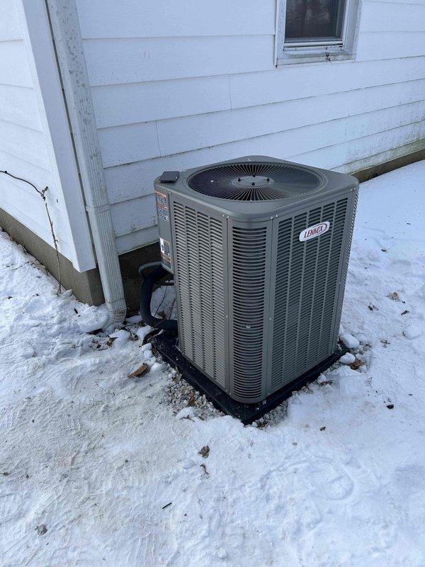 Completed installation of a complete Lennox HVAC system, including a ML296UH090XE48CK two-stage 90K BTU 96% efficiency gas furnace, ML14KC1-036-230 3-ton air conditioning unit, and CK40CT-30/36C-71 3-ton evaporator coil. Removed existing basebox system, set new furnace on brick foundation, installed standard filter rack, replaced condensate pump with new tubing to sump pump, and connected to existing PVC exhaust, gas line, return ductwork, and refrigerant lines. System pressure tested at 3.48 WC.
