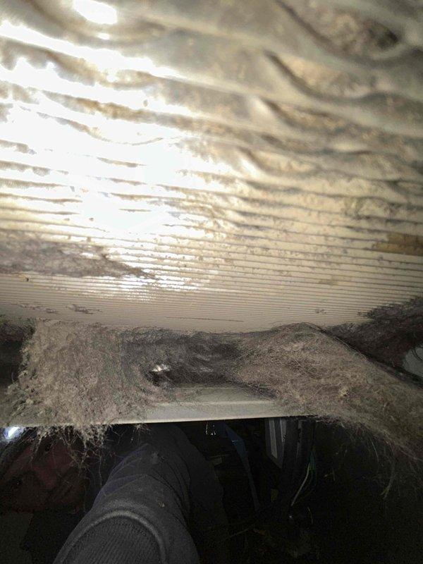 Responded to no heat call for a 20+ year old gas furnace system. Upon inspection, found significant dust and debris accumulation on the evaporator coil and interior ductwork, restricting proper airflow. Cleaned accumulated debris from heat exchanger components and recommended regular maintenance to prevent future heating failures.