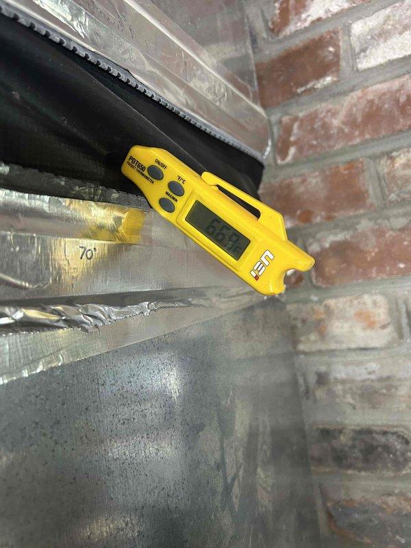 Performed scheduled Club Duo maintenance on customer's geothermal system including 2 GEO units, 1 air handler, and attic humidifier. Replaced UV bulb and completed motor tune-up as requested. Temperature readings confirmed proper operation with supply air at 56.8°F and return temperature at 99.6°F, verifying appropriate temperature differential across the system.