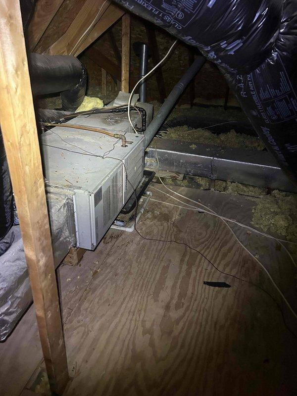 Responded to callback regarding cooling issues in upstairs system following recent maintenance. Inspected attic-mounted air handler and associated ductwork. Identified and corrected airflow restriction in flexible ducting that was causing insufficient cooling performance.