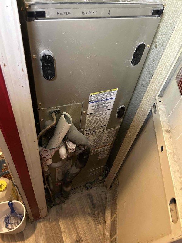 Performed annual Care Plan tune-up on customer's heat pump system at request of Senior Technician. Verified proper airflow with supply temperature measuring 93.3°F. Addressed customer concern that new system doesn't provide heat as effectively as previous unit. Confirmed filter size is 16x20x1 (customer-supplied) and inspected air handler located in closet installation.