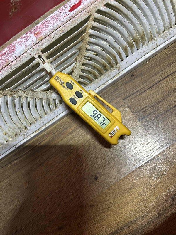 Performed annual Care Plan tune-up on customer's heat pump system at request of Senior Technician. Verified proper airflow with supply temperature measuring 93.3°F. Addressed customer concern that new system doesn't provide heat as effectively as previous unit. Confirmed filter size is 16x20x1 (customer-supplied) and inspected air handler located in closet installation.