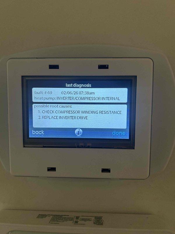 Responded to customer-reported thermostat fault codes. Diagnosed Fault #69 (Inverter/Compressor Internal) on heat pump system. Performed compressor winding resistance check and determined inverter drive replacement was necessary to resolve the system fault.