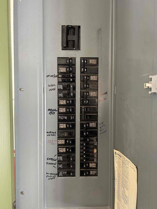 Performed inspection of washer receptacle after customer reported one outlet causing panel humming when washer was connected. Examined electrical panel for potential surge issues or maintenance needs. Inspected panel wiring connections and breaker functionality. Replaced back-stabbed receptacle in laundry room with properly wired device. Removed outdated fluorescent fixture in laundry room and installed new LED fixture. Changed several light bulbs in high ceiling fixtures (8'-10' height).