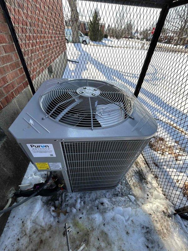 Completed installation of a Bryant full system, including a GA5SAN53000W air conditioner, 800SB36070M17 furnace, and CVAMA3017XMA evaporator coil. System installation included standard components such as outdoor pad, electrical connections, refrigerant lines, transitions, and safety devices. Customer enrolled in Care Plan with semi-annual maintenance inspections.