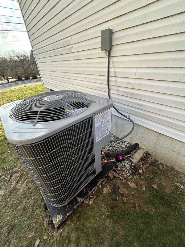 Successfully installed a complete Bryant HVAC system featuring a 2-ton 14.3 SEER2 single stage heat pump (model GH5SAN52400A) paired with a 2-ton air handler (model FJ5ANXB24L00) and 10KW heat kit (KFFEH2601C10). Installation included an Aprilaire 1000 Media Cabinet for improved air filtration, condensate pump system with PVC piping, and connection to the existing thermostat. All equipment was properly mounted with the outdoor unit positioned on a concrete pad with appropriate electrical connections and the indoor unit installed in the basement with proper refrigerant lines and ductwork.