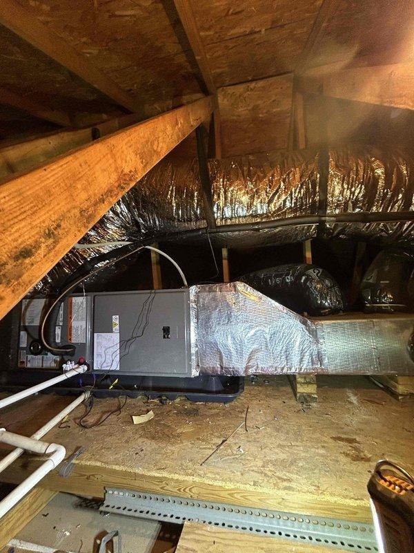 Successfully installed a complete RUUD 14.3 SEER2 two-stage 2.5-ton heat pump system with matching air handler and 10KW heat kit. Upgraded the return system by replacing the existing 20x20 filter grille with a 20x25 grille and installed 16" return flex in attic to replace undersized 14" flex for improved airflow. Completed installation of Honeywell T-10 Pro WiFi thermostat with sensor capability for enhanced temperature control.