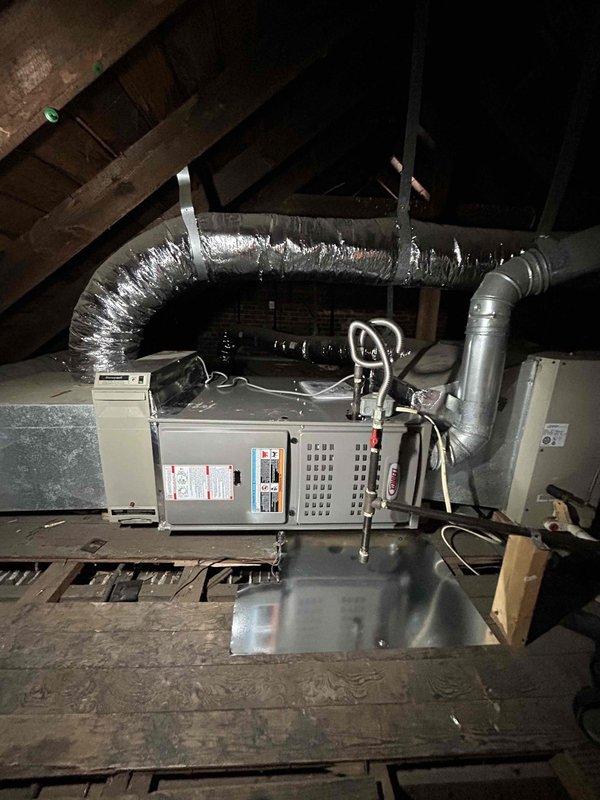 Successfully installed a Lennox 70K BTU 80% efficiency gas furnace (ML180UH070E36AK) in attic location with digital thermostat. Completed all necessary connections including flue piping, electrical/gas shut-off switches, flexible gas line connector, and installed flame rollout protection. Unit was properly secured with all required safety features and labeled as Unit #6 with mitigation controls left on site for future AC/coil replacement.