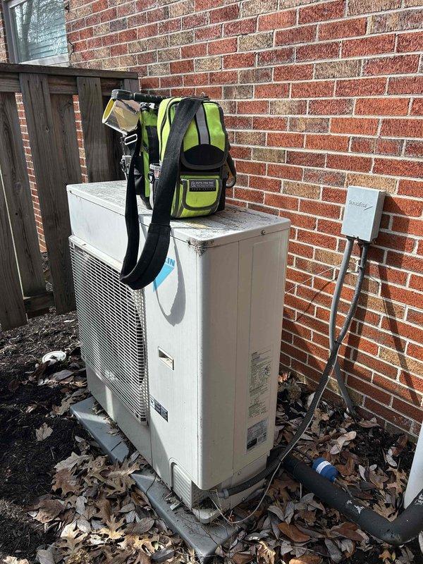 Performed scheduled maintenance on Daikin furnace system with connected humidifier (Generalaire #990-13 pad). Inspected and serviced both indoor furnace unit and outdoor AC condenser. Customer-provided 20x25x4 filter was installed during service.