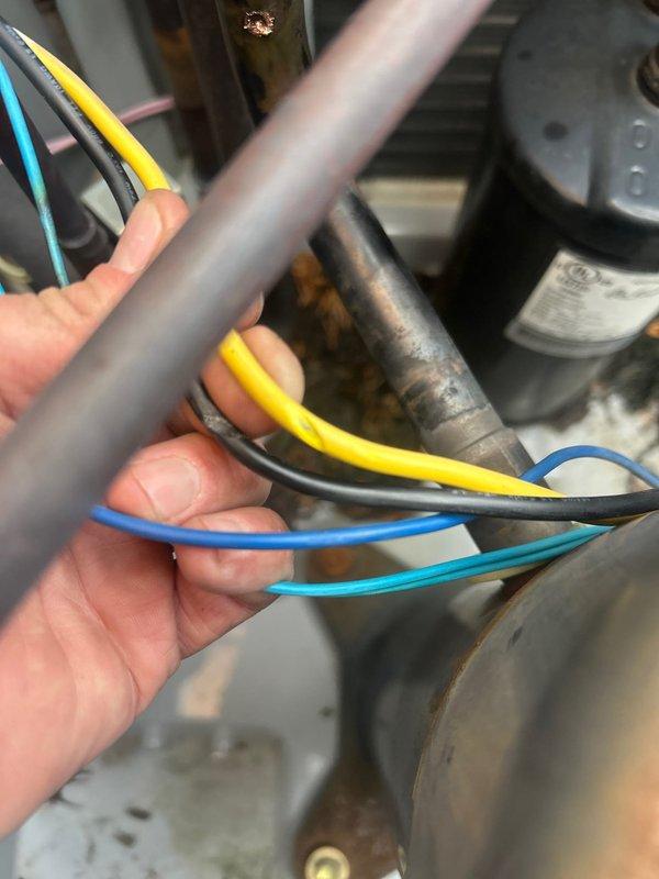 Performed nitrogen leak test on HVAC system and inspected electrical connections. Located and examined multiple control wires (blue, yellow, black, turquoise) connected to the motor/compressor assembly, ensuring proper termination and checking for signs of wear or oxidation on associated piping.