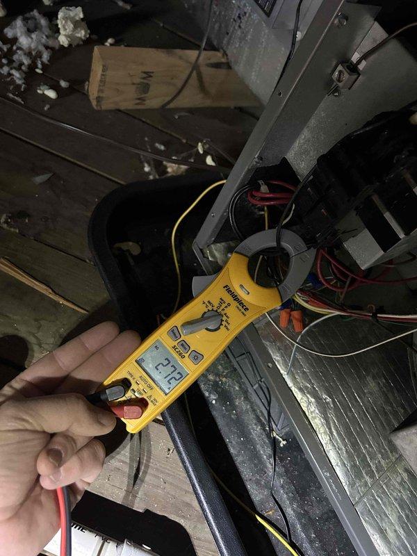 Conducted quarterly maintenance on dual heat pump/air handler system with gas furnace backup and electronic air cleaner. Performed electrical diagnostics with readings at 2.72 amps and temperature measurements at 25.8°F on ductwork. Replaced 16x25x1 and 16x20x1 filters in attic and basement units as included in service plan.