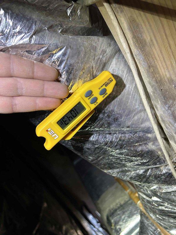 Conducted quarterly maintenance on dual heat pump/air handler system with gas furnace backup and electronic air cleaner. Performed electrical diagnostics with readings at 2.72 amps and temperature measurements at 25.8°F on ductwork. Replaced 16x25x1 and 16x20x1 filters in attic and basement units as included in service plan.