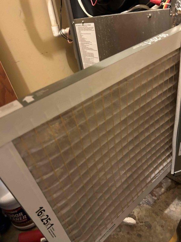 Performed scheduled Care Plan tune-up on heat pump/gas furnace system located in basement. Inspected and replaced customer-supplied 16x25x1 air filter which showed moderate dust accumulation. Conducted visual inspection of burner assembly and checked system operation, with all components functioning within normal parameters.