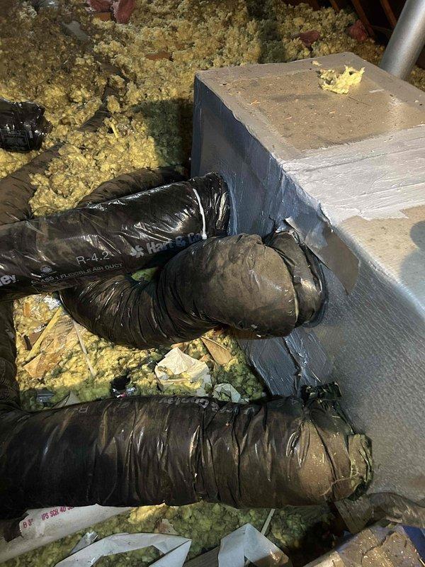 Completed HVAC repair in attic space, installing a 6-inch stick-on collar with mastic sealant to address ductwork issues. Applied proper sealing to flexible duct connections to prevent air leakage, ensuring improved system efficiency and proper airflow distribution.