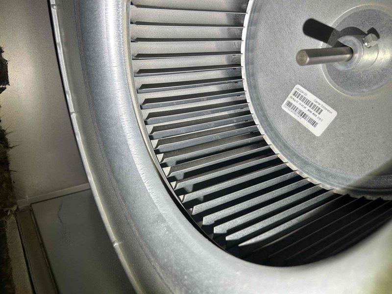 Performed scheduled Care Plan Tune Up on two air conditioners and two gas furnaces. Conducted electrical testing with Fieldpiece clamp meter, measuring amperage readings of 35.5A on system components. Inspected blower wheel assembly, confirming proper condition with no visible damage or debris accumulation.