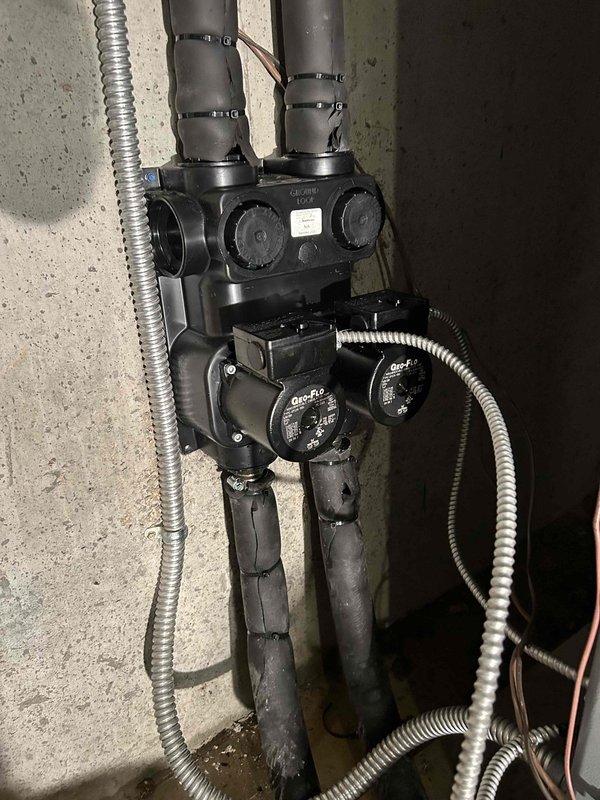 Successfully replaced a 2-pump flow center in the geothermal system, which included performing a complete flush and fill procedure. System pressure was verified using pressure gauge testing, and all new components were properly installed and insulated on the concrete wall mounting.