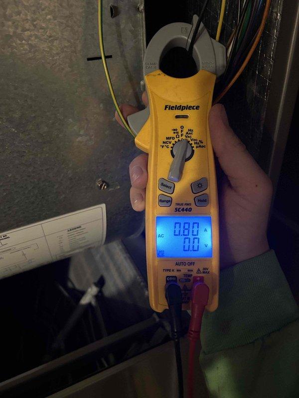 Completed scheduled Care Plan tune-up on heat pump, air handler, and humidifier system. Performed electrical diagnostics using clamp meter to verify proper voltage and amperage readings. Inspected REME-HALO air purification system, confirming proper installation and operation with functional indicator light.