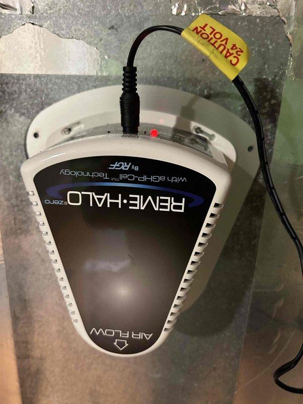 Completed scheduled Care Plan tune-up on heat pump, air handler, and humidifier system. Performed electrical diagnostics using clamp meter to verify proper voltage and amperage readings. Inspected REME-HALO air purification system, confirming proper installation and operation with functional indicator light.