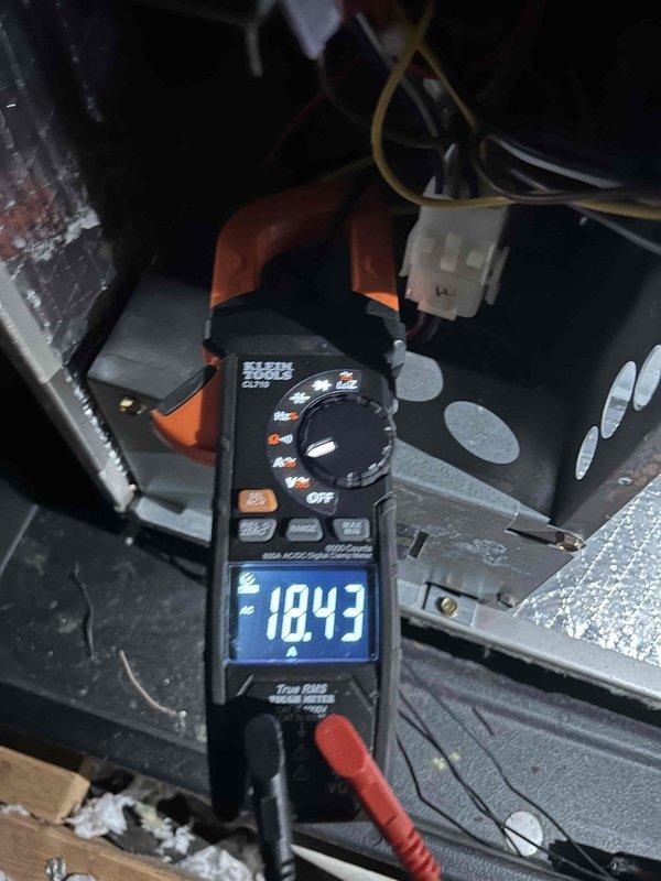 Performed biannual Care Plan maintenance on dual heat pump and air handler system located in attic and basement. Conducted comprehensive electrical diagnostics using clamp meter, measuring amperage draw (156A) and voltage (-18.43V) at the control panel. All components functioning within specifications; customer provides their own filters.