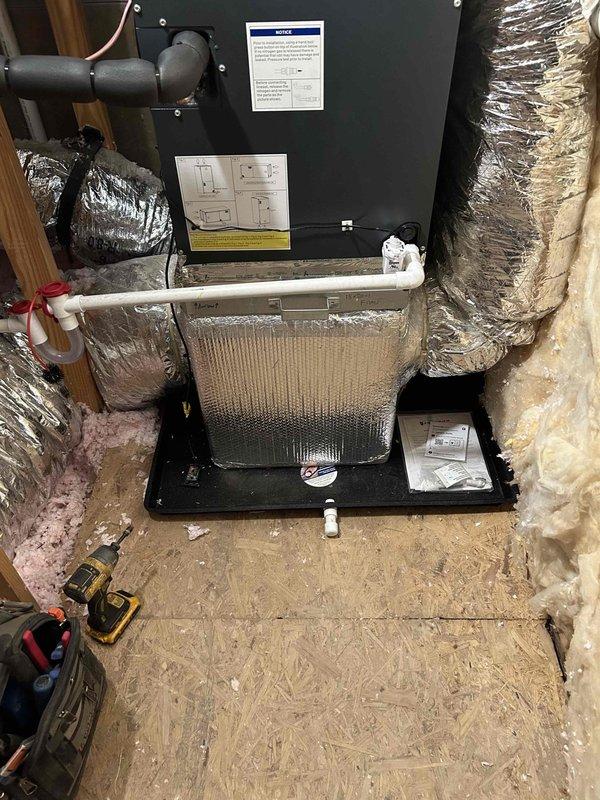 Successfully installed a complete Friedrich Breeze HVAC system, including a 2-ton Side Discharge 18 SEER2 heat pump, matching air handler with 10KW auxiliary heat kit, and Honeywell TH6320U2008/U thermostat. System installation included all necessary components: outdoor unit pad, snow legs, electrical connections, refrigerant line insulation/filter, drain trap, SS2 coil drain safety water sensor, and transition to existing ductwork.