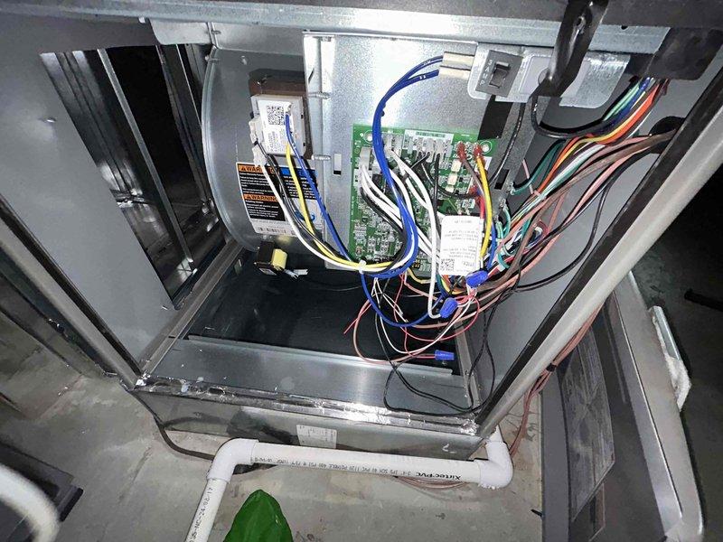 Performed scheduled Care Plan Tune Up on AC/GF unit located in basement. Opened access panel to inspect electrical components, including circuit board connections and wiring integrity. Replaced customer-supplied 20x25x4 filter and verified proper operation of all system components.