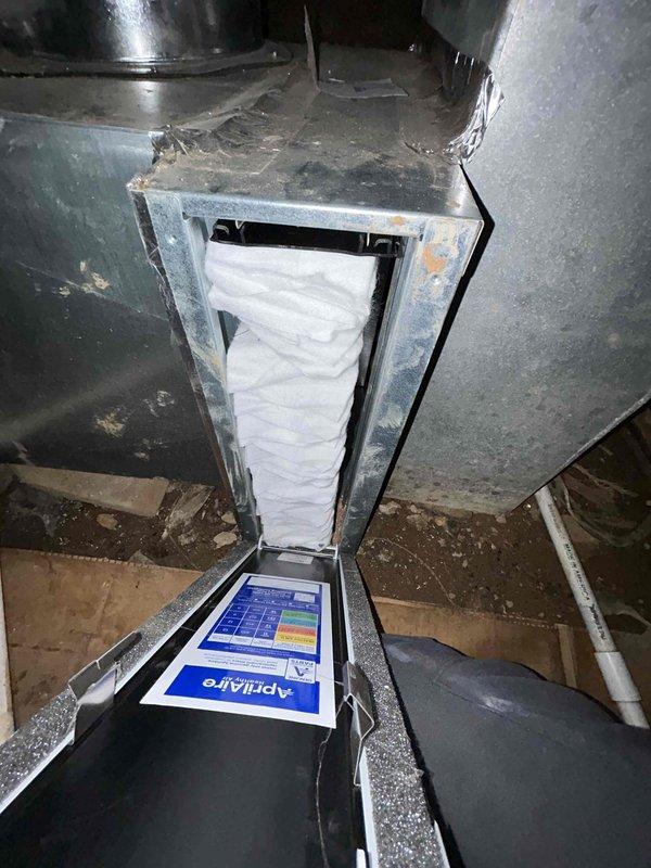 Responded to customer callback request to replace #410 filter which was not changed during previous maintenance visit. Upon inspection, found AprilAire humidifier system connected to the HVAC ductwork with normal dust accumulation in the mechanical area. Removed existing filter from vertical compartment and installed new #410 replacement filter per manufacturer specifications.