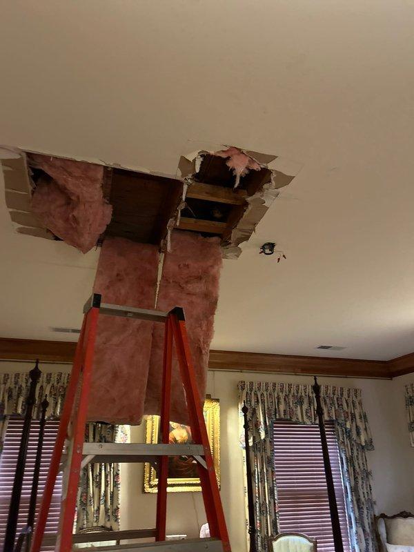 Responded to emergency call for an active water leak on the 3rd floor causing ceiling damage in the room below. Upon inspection, located a supply line leak in the bathroom wall cavity that had saturated insulation and compromised drywall. Repaired the damaged pipe section, replaced affected insulation, and advised customer on necessary drywall repairs to restore the ceiling.