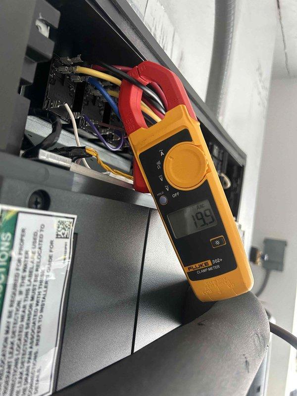 Performed Care Plan Tune Up on HP/AH system located in utility room. Conducted electrical testing using Fluke 310+ clamp meter to check amperage readings on unit, with measurements of 19.9 and 1.99 recorded on various circuits. Customer provides filters for this system.